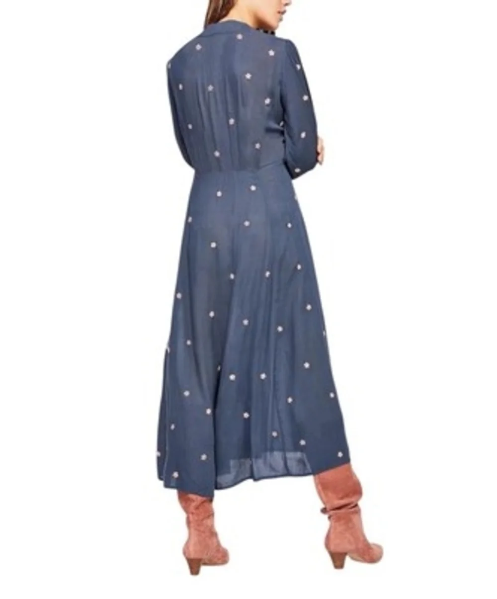 Free People Women's Blue Pink Embroidered Boho Maxi Dress XS V-Neck NWT $168 - Picture 5 of 11